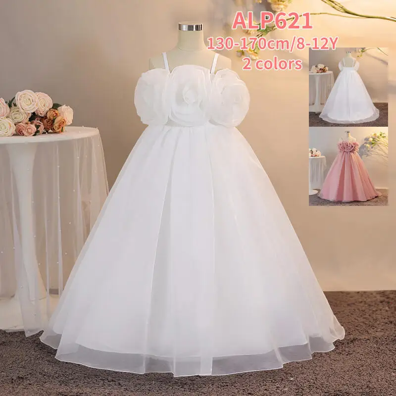 

Puffy Children's Dress Sleeveless Large Flower Mesh Dresses for Girls Pink White Princess Skirt Party Piano Prom Clothes 8-12Y
