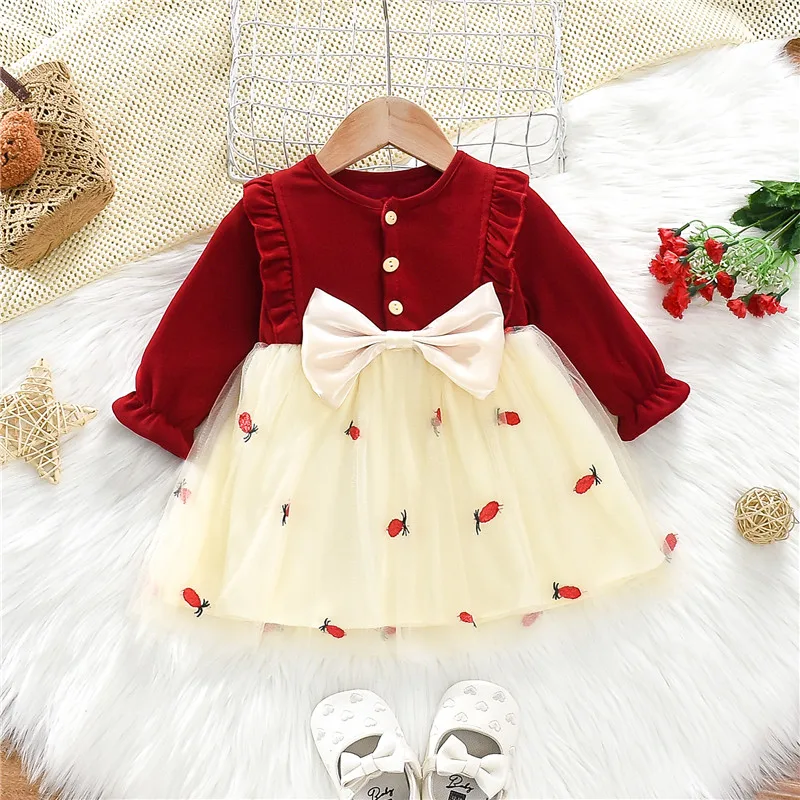 

Утепленное платье в корейском стиле для маленьких девочек, милое вязаное платье из пряжи с вышитым бантом и длинными рукавами, костюмы для рождественской вечеринки для девочек