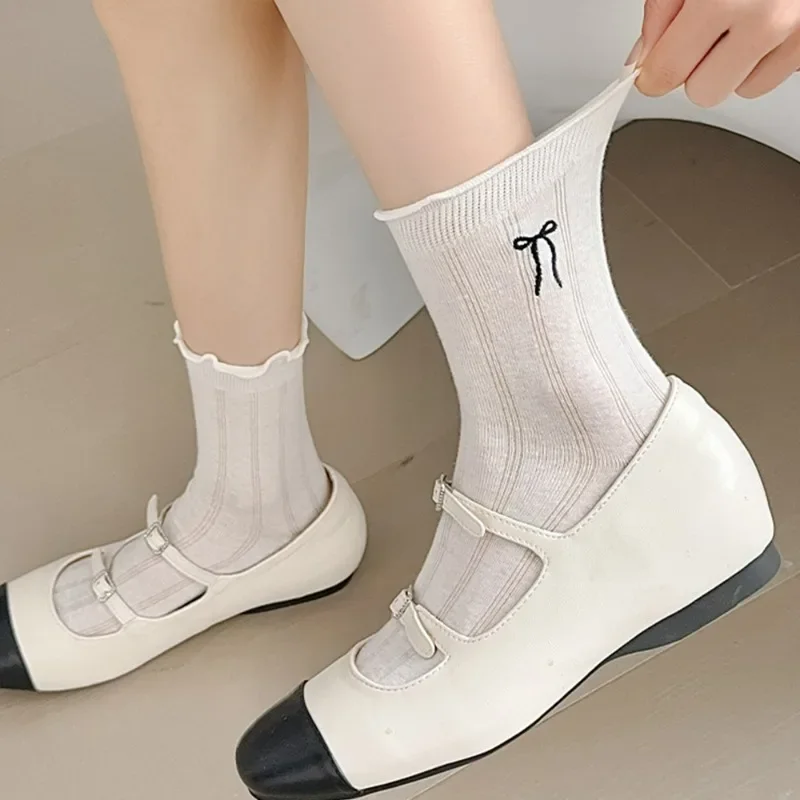 3pairs Sommer Süße Lolita Spitze Bogen Lange Socken für Frauen Mädchen Hohl Socke Casual Crew Lose Sox Mid-rohr dünne Strümpfe