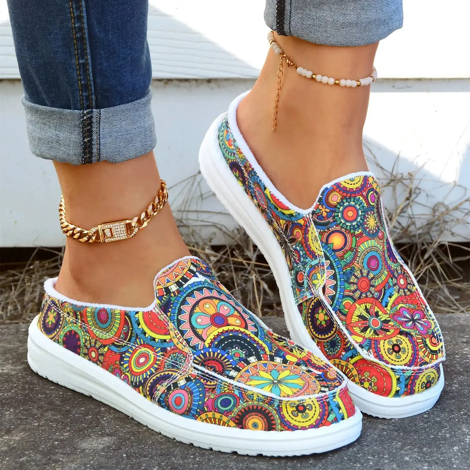 

Women's New Summer Fashion Trbottomy Colorful Round Flower Print Casual Slippers, Comfortable Shallow Mouth Low-Cut Soft Sole Lightweight Breathable Large Size Women's Shoes
