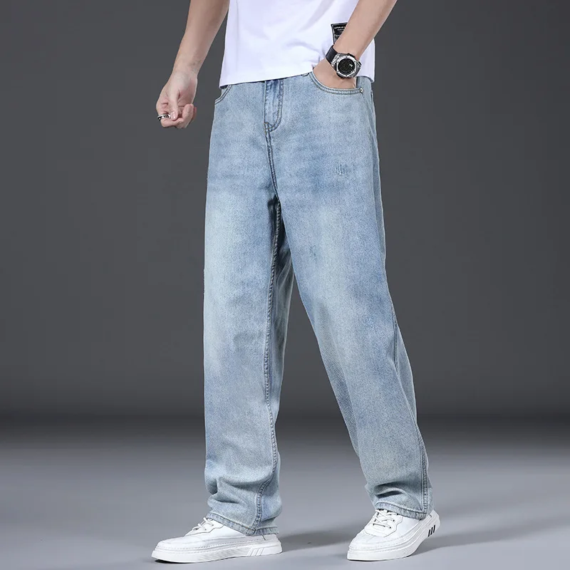 Spring Autumn Stretch Loose Straight Wide Leg Jeans Men's American High Street Casual Trousers