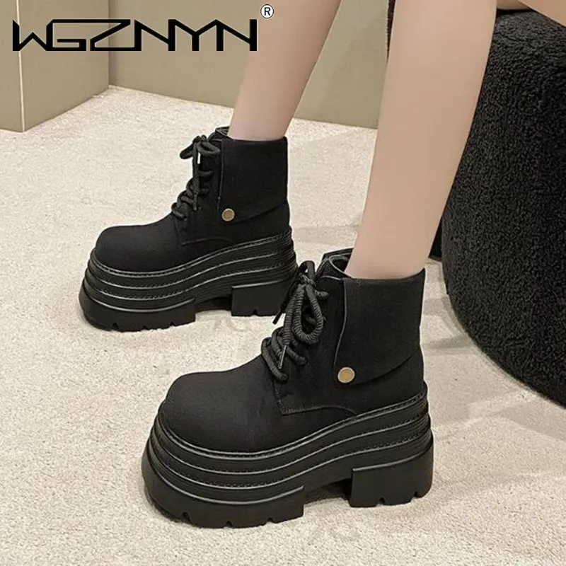 2025 Women\'s Ankle Boots Autumn Winter Warm Punk Goth Fur Shoes 10CM Chunky High Platform Casual Leather Short Boot Botas Mujer