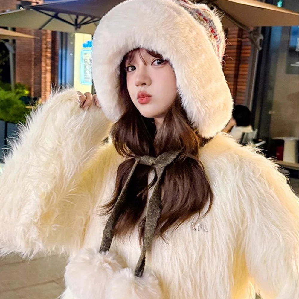 Cute Retro Winter warm Hat for Women Korean Girl Sweet Plush Cap Winter Outdoor Thickened Hats Fashion Knitted Caps