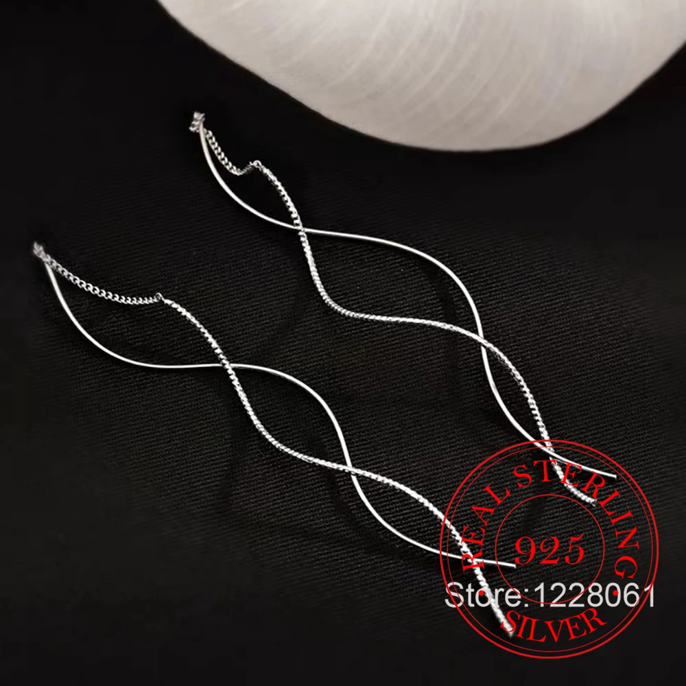 925 Sterling Silver Wavy Drop Earrings for Women, Long Tassel Dangle Ear Threads Elegant Wedding Prom Engagement Gift