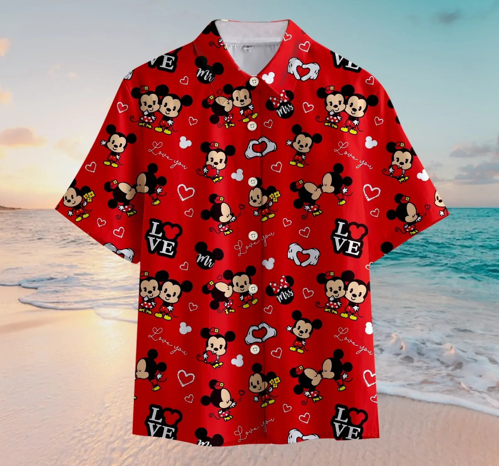 Camisa de manga curta Mickey Minnie masculina, coleção Disneyland Icons Camisa havaiana, camisa de praia de botão, moda