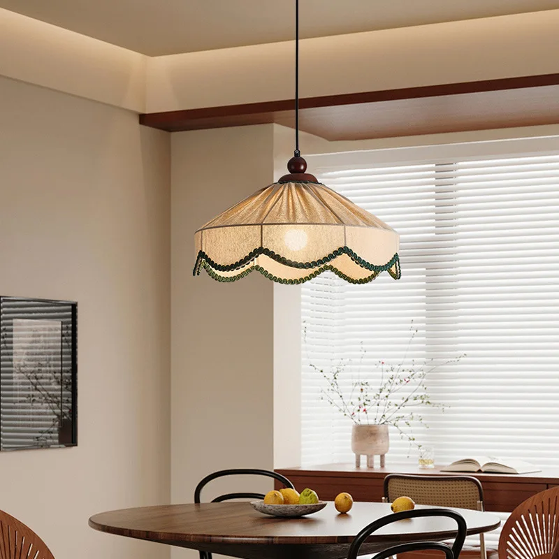 

Medieval Style Living Room Chandelier Retro Solid Wood Light Characteristic Dining Room Entrance Corridor High-end Fabric Lamp