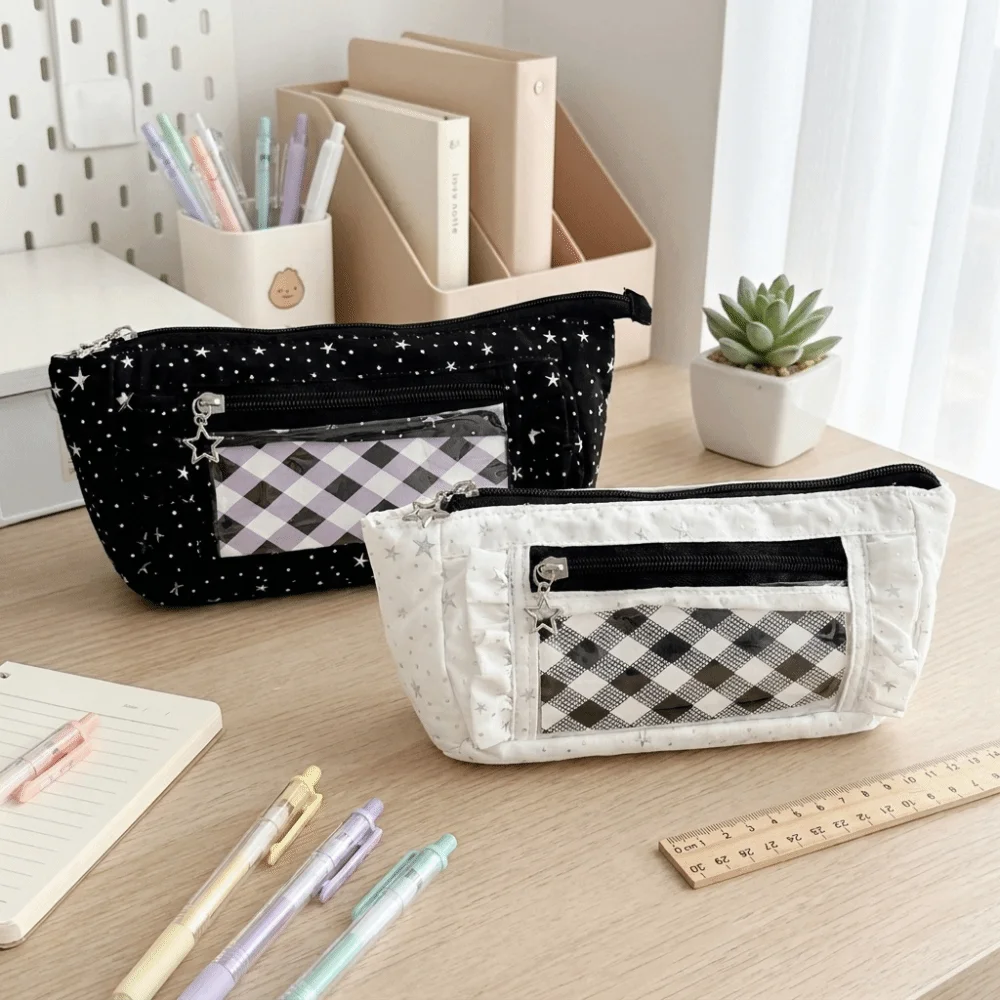 Large Capacity Star Checkered Pattern Pen Bag Canvas Transparent Window Pencil Pouch Lace Trim Multi-Pocket Stationery Organizer