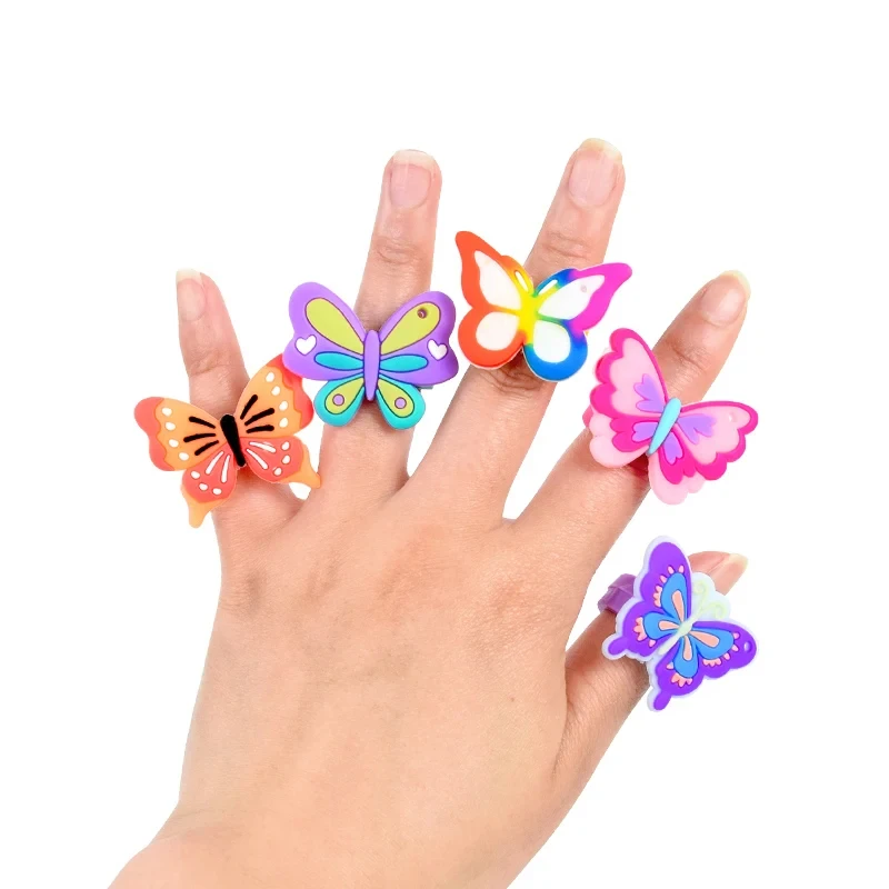 Cartoon Colorful Butterfly Ring, Children's Birthday Party Girls Favorite Gift, Kids Jewelry, Baby Shower Guests Souvenir, 5Pcs