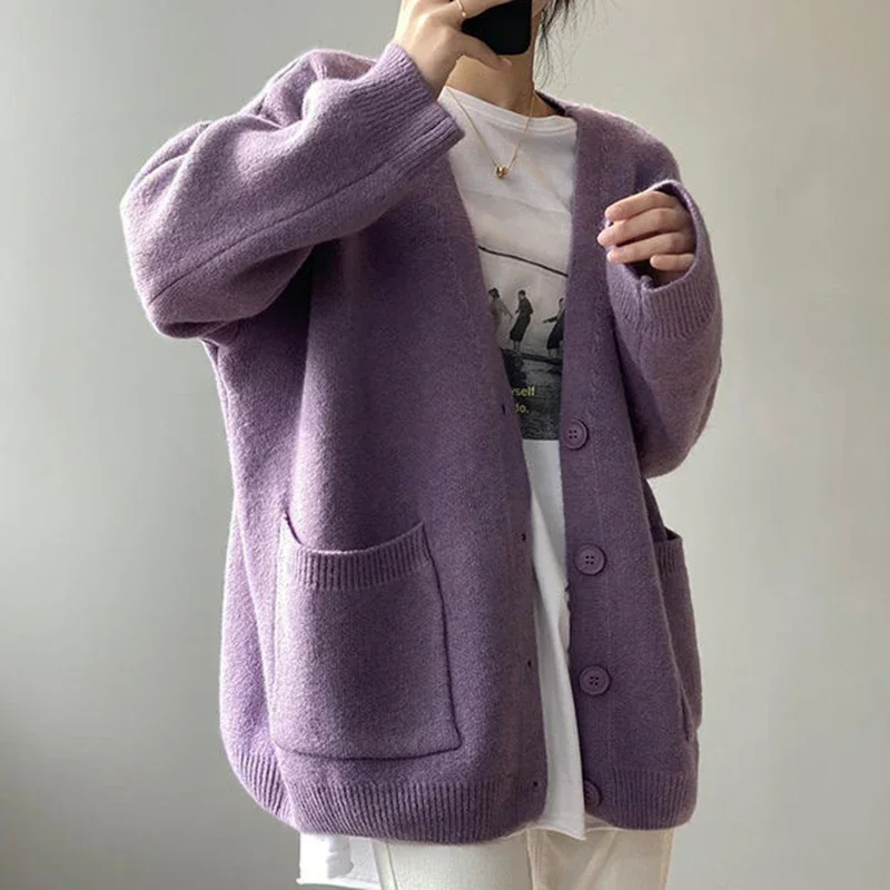 

2025 Chic Yellow Sweater Cardigan Women Lazy Wind Single-Breasted Knitted Cardigan Women Solid V Neck Cardigans Female