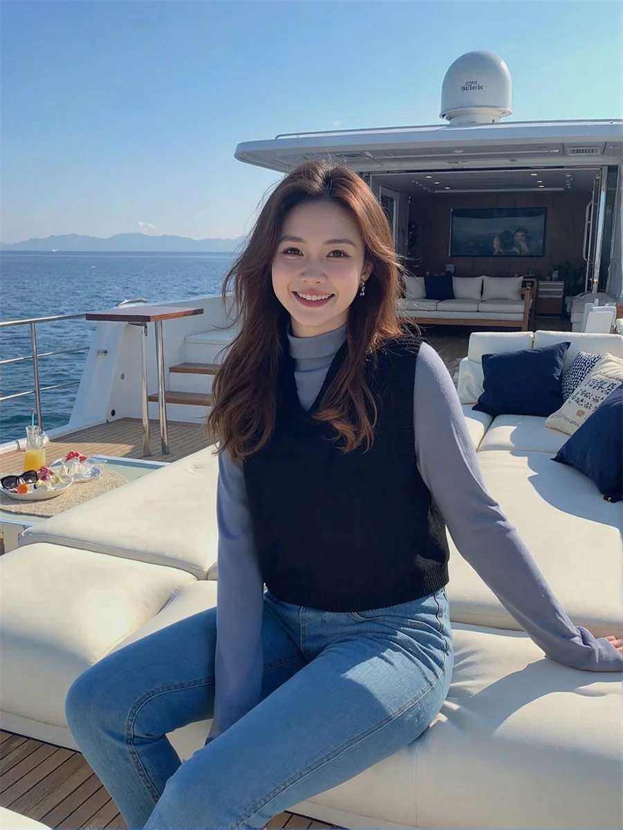 

Women'S Sweater Vests Crochet V-Neck Autumn Loose Fit Casual Bowknot Back Elastic Waisted Sleeveless Fashionable Soft Fitted