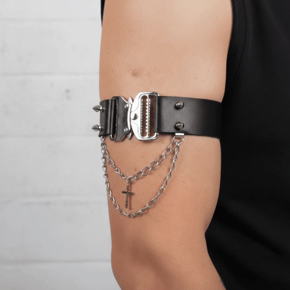 Punk Choker Adjustable Leg Garter Leatherette Multi-Layer Chain Armband Cross-Pendant Metallic Thigh Ring Alt-Fashion
