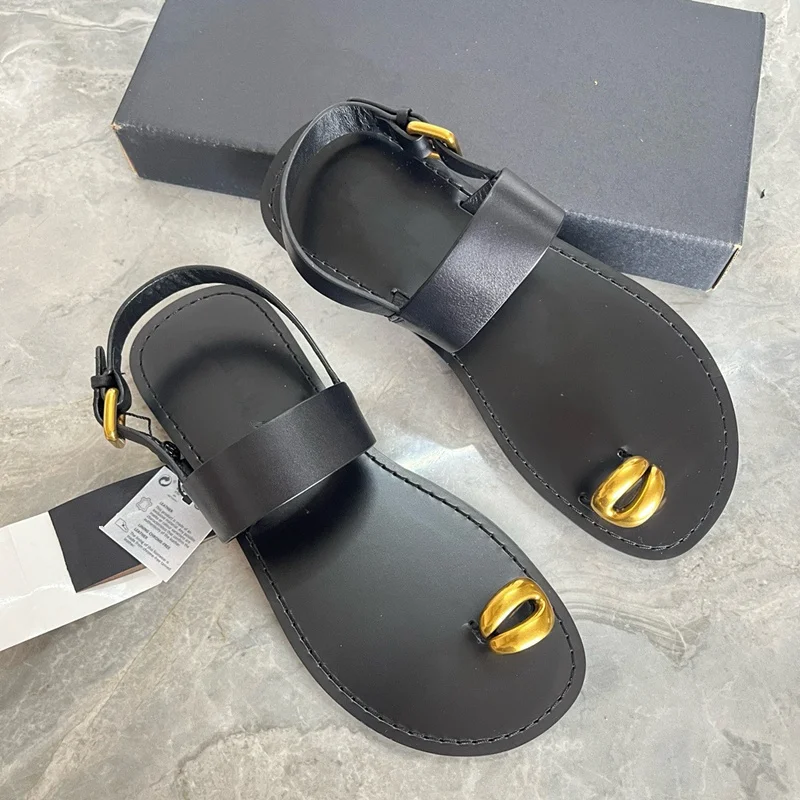

Withered French Elegant Flat Sandals, Minimalist Gold Buckle Leather Strap Sandals Women Fashion Genuine Leather Shoes
