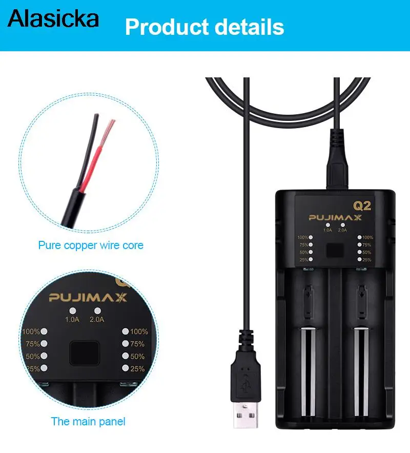 2 Slots Li-ion/Lithium Battery Charger with LED Smart Indicator USB Cable For 18650 14400 26650 1.2V AA/AAA NiMH Chargers