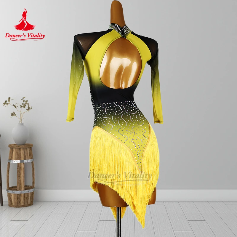 Lateinisch Schwarz-Gelb Abstufung Farbe Chacha Stehkragen Quasten Rock Kind Erwachsene Kunstprüfung Kleiden Anpassen Dancer's Vitality