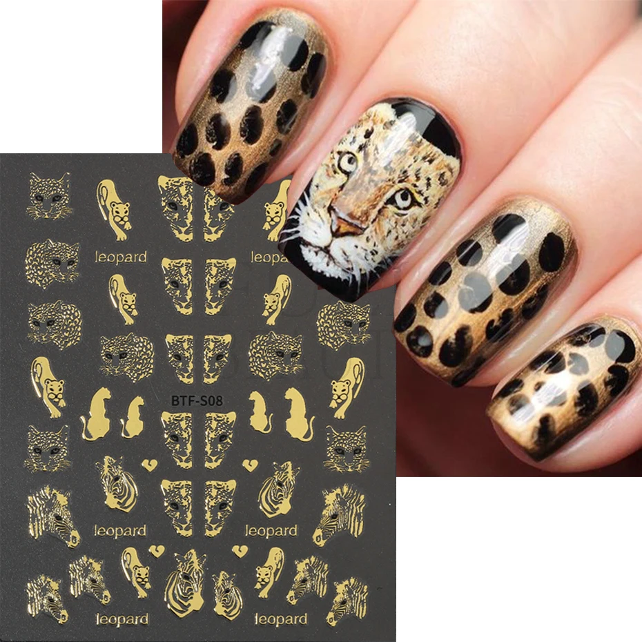 3D Tiger Nail Sticker Gold Laser Leopard Zebra Animal Prints Adhesive Decals Sliders For Charm Manicure Art Decoration LEBTF-S08