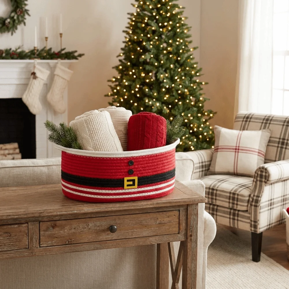 Cotton Rope Christmas Woven Storage Basket Santa Claus Braided Christmas Gift Basket Ribbon Trim Cotton Rope Basket