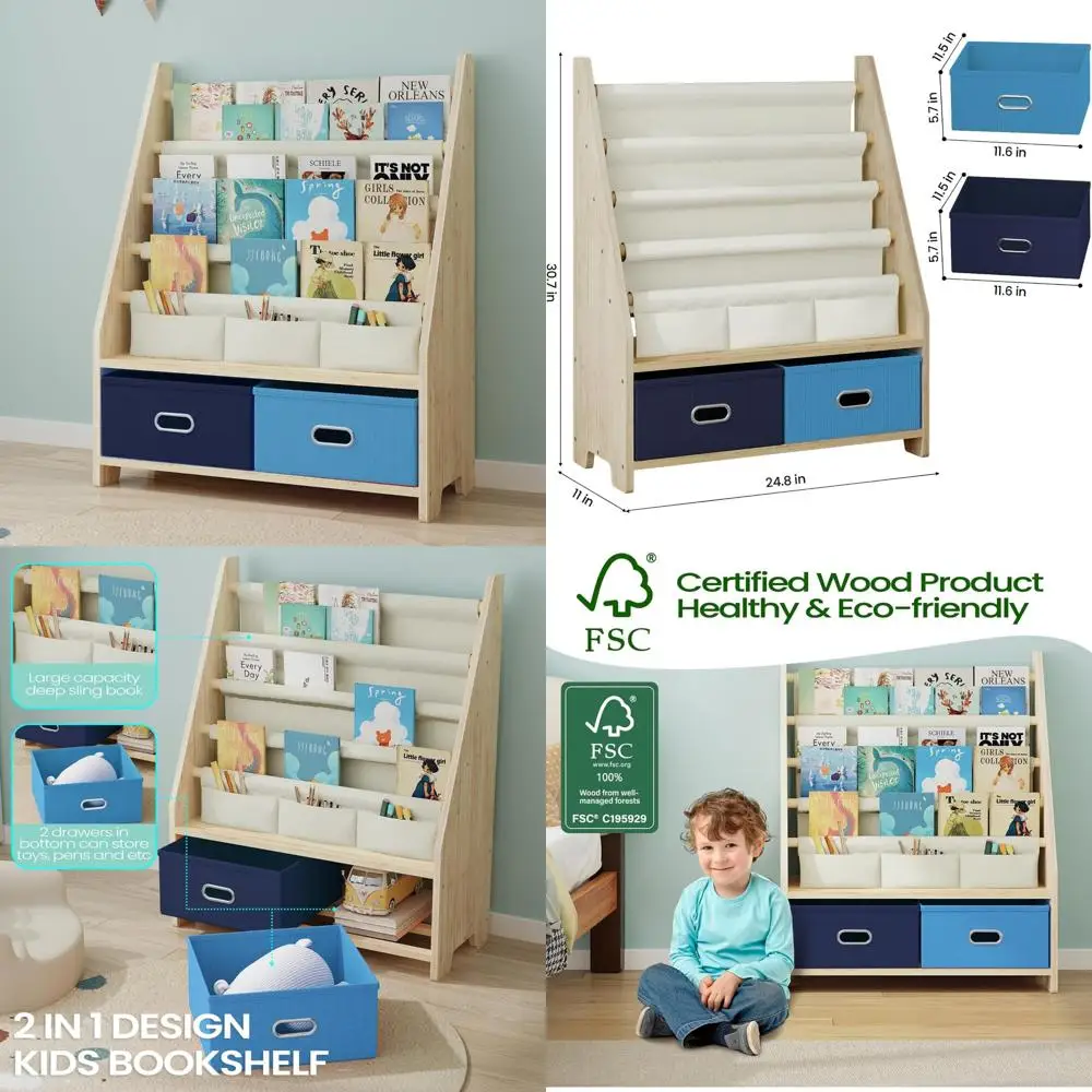 

Wooden 4-Tier Kids' Bookshelf with Toy Storage Organizer, Toddler-Friendly Sling Book Rack for Boys and Girls