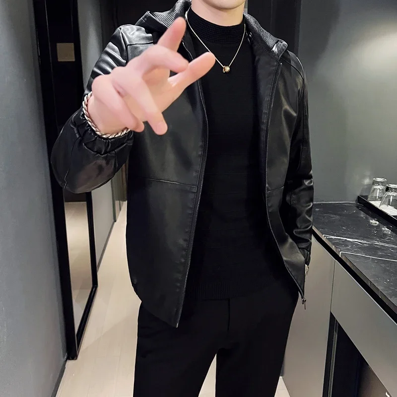 

Mens Trend Brand Leather Jacket Korean Version Hooded Slim Fit Leather Jacket Men Winter Fleece Motorcycle Faux Leather Jacket