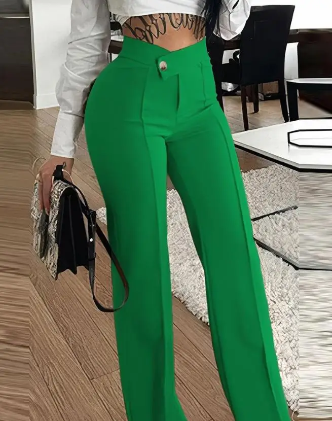 

Solid Color V-Neck High Waisted Button Design Straight Leg Pants for Commuting, Casual, Versatile, Loose Fitting Suit Pants