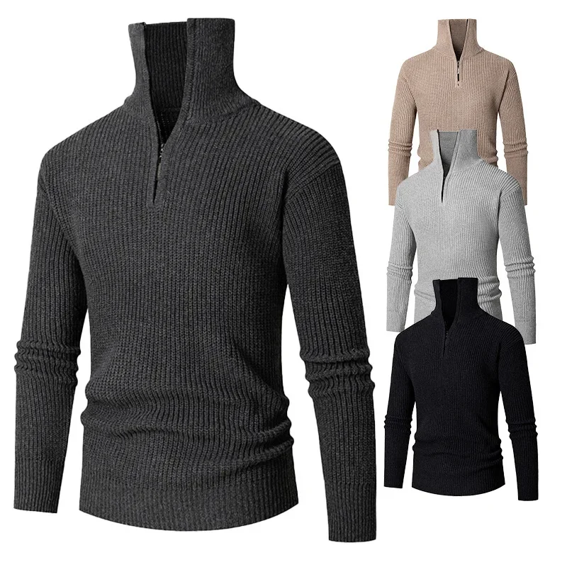 

2023 New Men's Warm and Slim Fit Bottom Half Zipper High Neck Casual Sweater