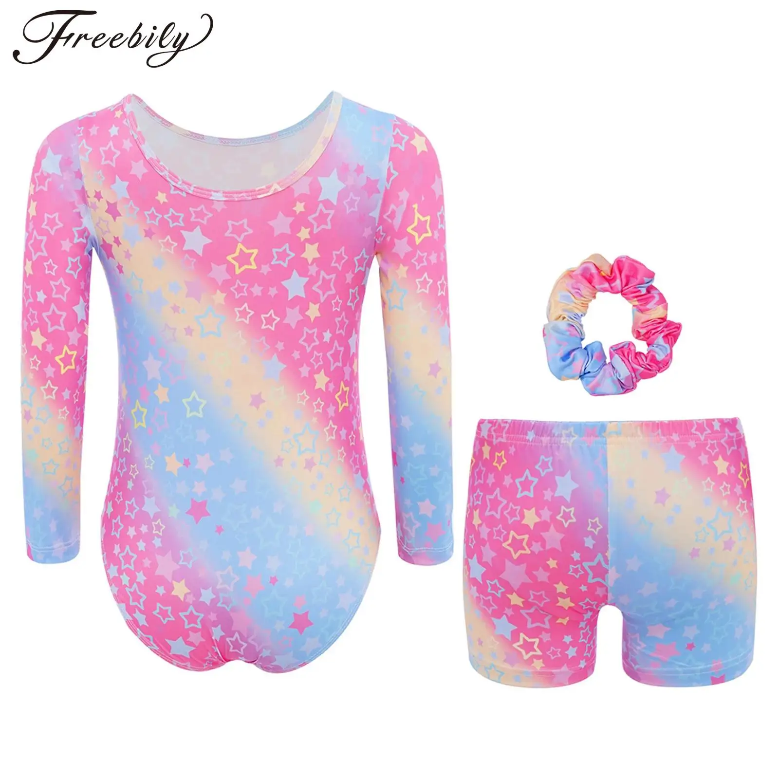 

Kids Girls Gymnastics Leotard with Shorts Hairband Ballet Dance Outfits Flower Printed Leotard for Dancing Training