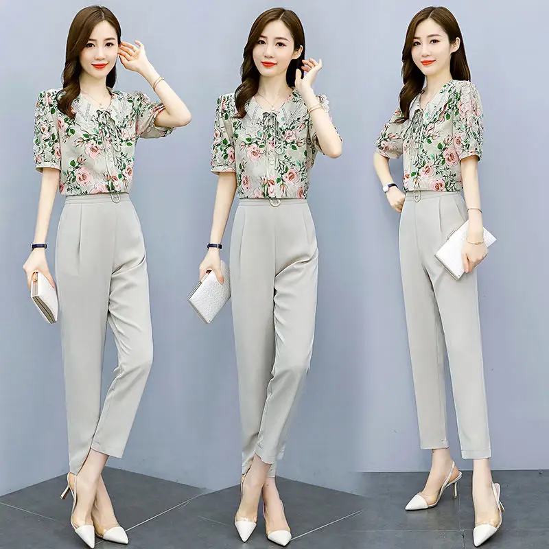 Casual Chiffon Shirt Professional Suit 2022 New Female Summer Lady Temperament Wear with Foreign Style Fashion Two-piece Set