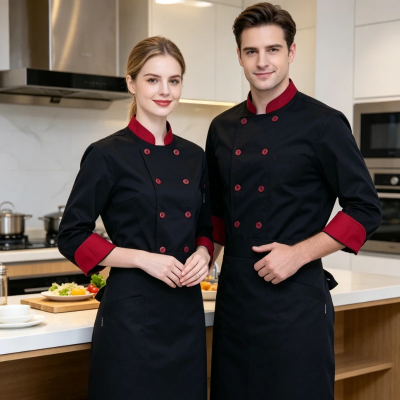 Hotel Chef Uniform, Solid Colour Double-breasted Design, Unisex Workwear Suitable for Both Chinese and Western Restaurant Chefs