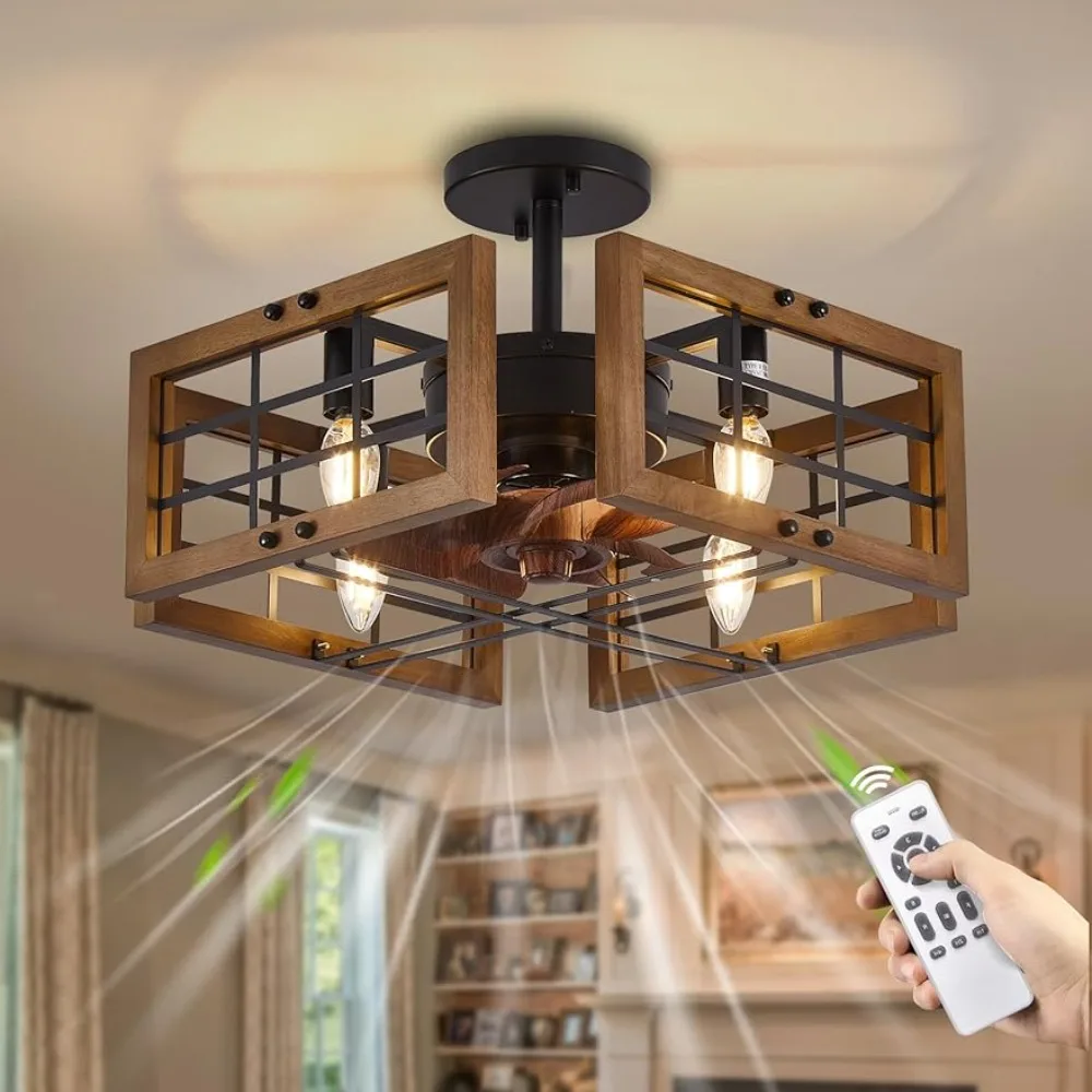 Wooden embedded ceiling fan light and remote control, low and low ceiling fan in farmhouse, used for living room and bedroom