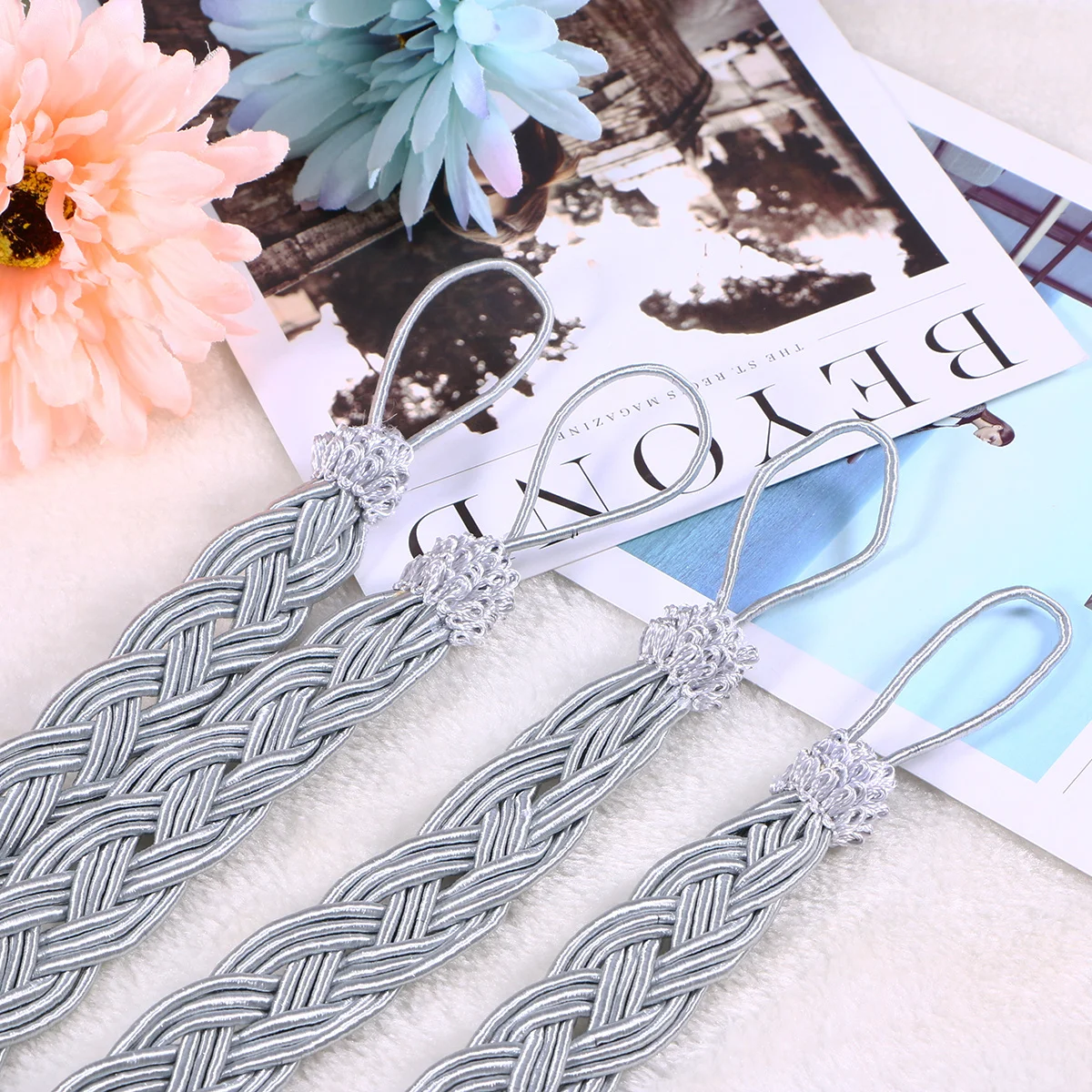

2pcs Knitted Curtain Tiebacks Hand Tied Fabric Holdback Buckle Silver Grey Braided Cord Rope For Medium Thick Curtains Home