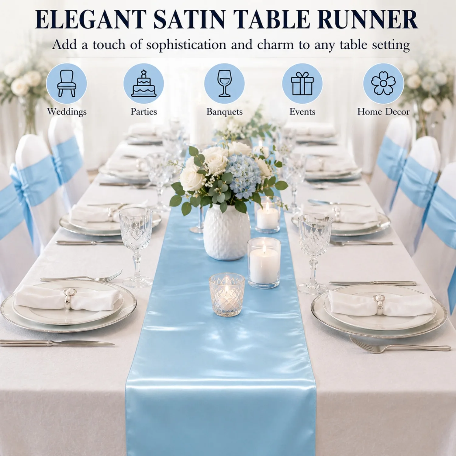 12/20Pcs Baby Blue Satin Chair Sashes, 7 x 108in Wedding Chair Bows for Baby Shower, Gender Reveal, Birthday, Banquet