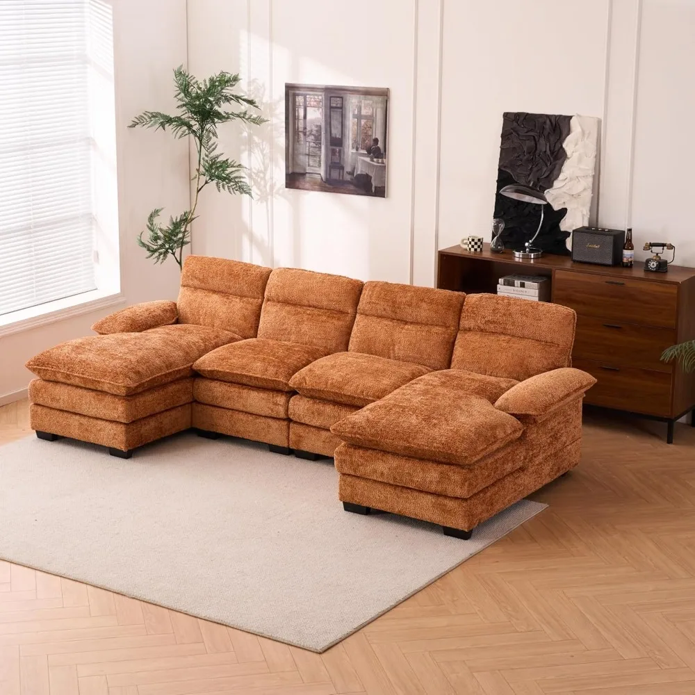 Sectional Couch with 2 Chaises Lounge, Upholstered Corduroy Cloud Couch with 2 Layers Seat Cushions, 4 Seater Deep Seat Sofa Set