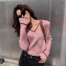 Autumn Retro V-neck High Quality Knitted Sweater Original Design Fashion Casual Comfortable Solid Color Slim Popular Women's Top