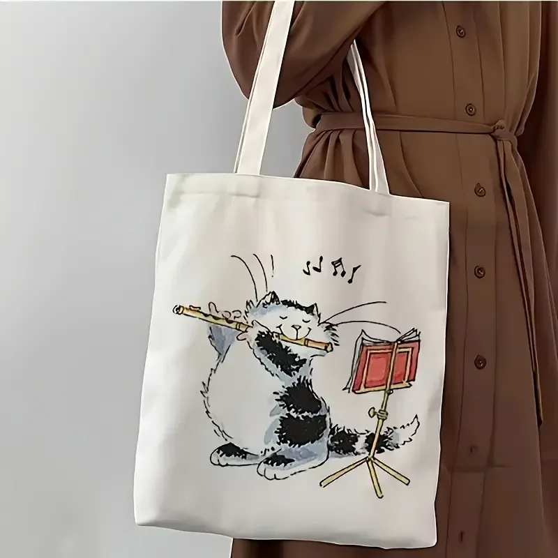 Shopping Bags Canvas Printing 1pcs Cat Playing Music Canvas Tote Bags - Large Capacity Durable HandBag for Women Shopping Work