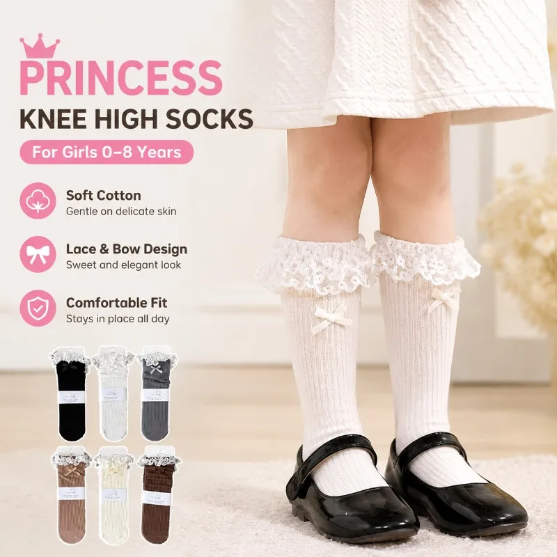 Girls Mid-calf Lolita Cotton Socks Ruffled Lace Bow Decor Slouchy Stackable Hosiery Double Needle Weave Ballet Soft Breathable