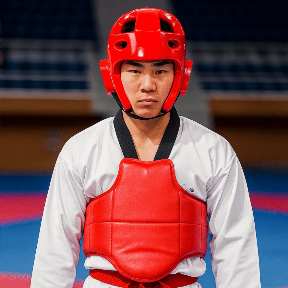 

Head Protection Taekwondo Helmet Gear Portable PU Material Muay Thai Helmet One-Time Molding Seamless Karate Helmet Training