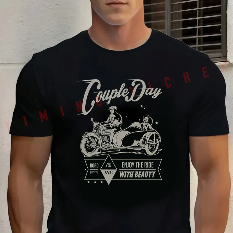

Couple Day Vintage Motorcycle Design T-Shirt Men‘s Cotton Summer Short-sleeved Casual Streetwear Tops Tee