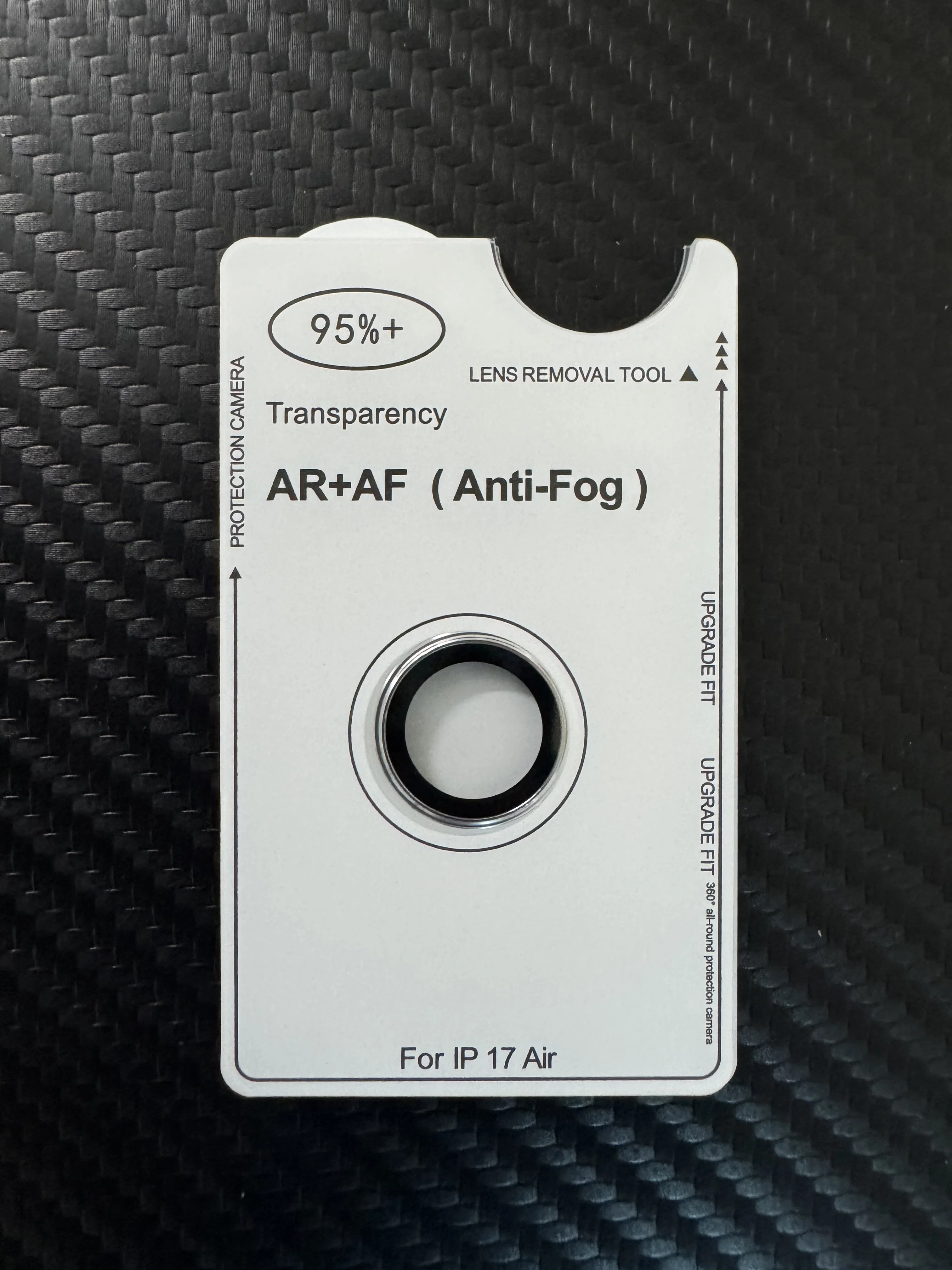 Oryginalna folia ochronna ze szkła hartowanego na tylną kamerę iPhone 17 Air, z powłoką AR AF zapobiegającą parowaniu, w kolorach czarnym, srebrnym, szarym i złotym.