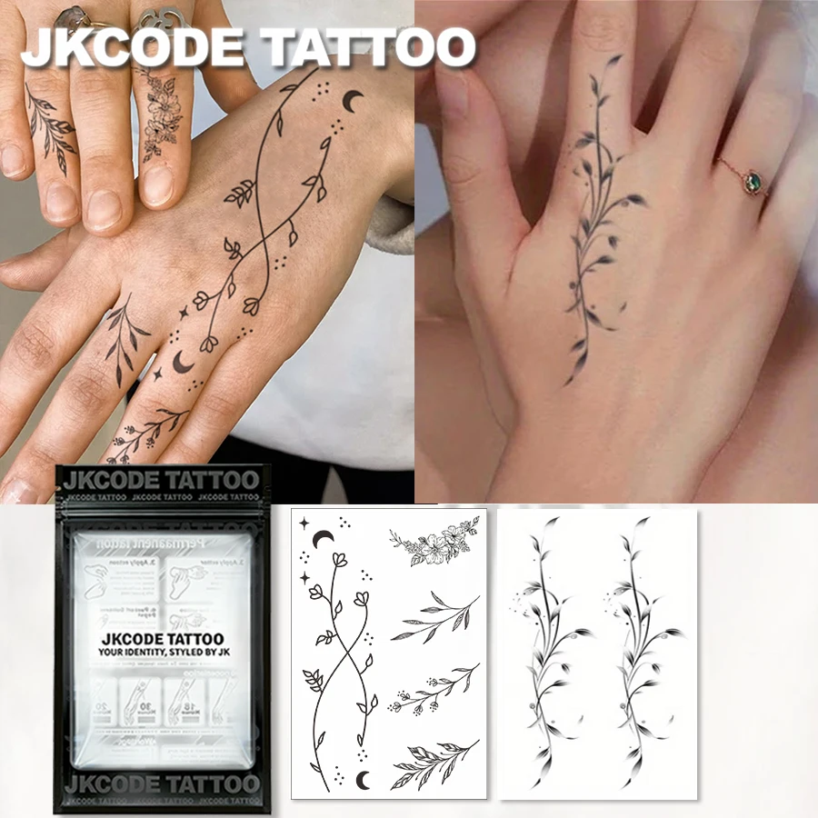 2-piece set, waterproof design, semi-permanent tattoo, hand, temporary tattoo, small cute tattoo, floral and plant designs, leaves, waterproof, realistic fake tattoo, finger tattoo, magic tattoo, lasts 1-2 weeks, women's tattoo