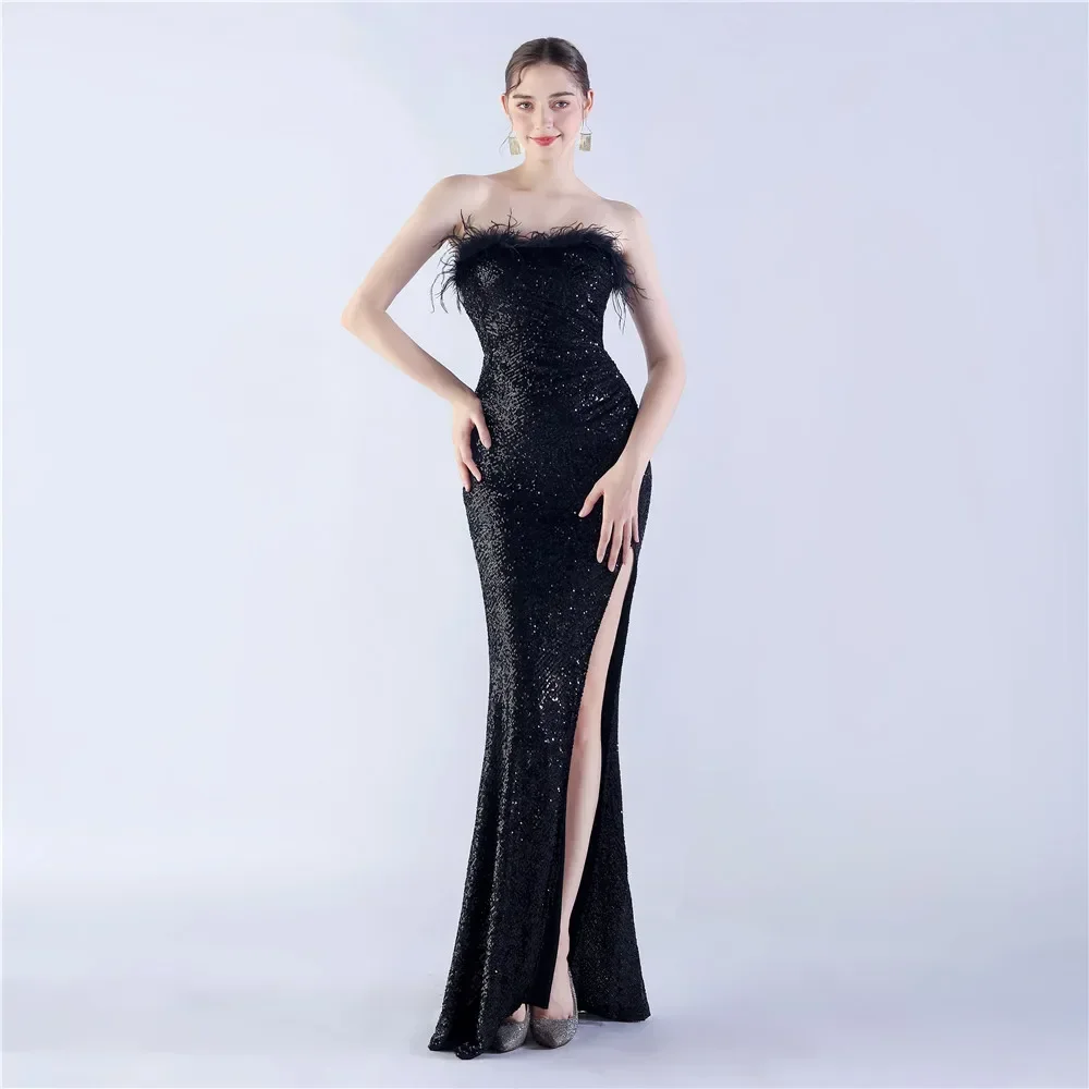 Evening Dress Black Sequins Stretchy Strapless Feather Zipper Back Mermaid Trumpet Floor Length Women Party Formal Gowns YE100