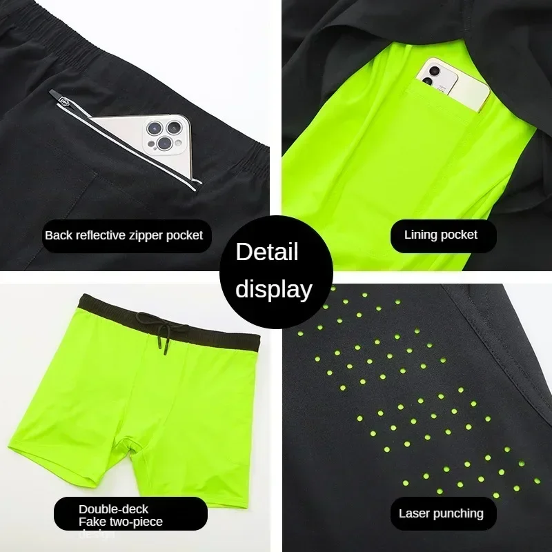 Double Deck Training Sport Shorts Pants Marathon Running Shorts 2 in 1 Jogging Clothing Gym Fitness Beach Shorts Men Sportswear
