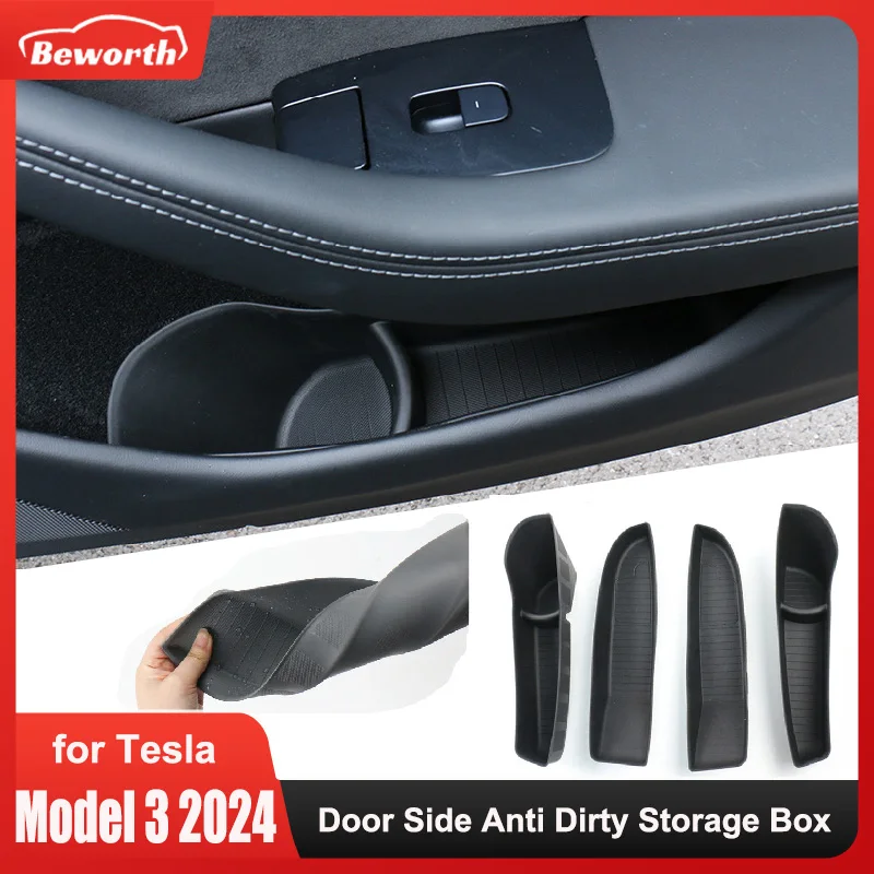 Per Tesla Nuovo Modello 3 Highland 2024 Porta Laterale Scatola di Immagazzinaggio 4PCS TPE Cancello Slot Anti Sporco Organizzatore Riordino Può