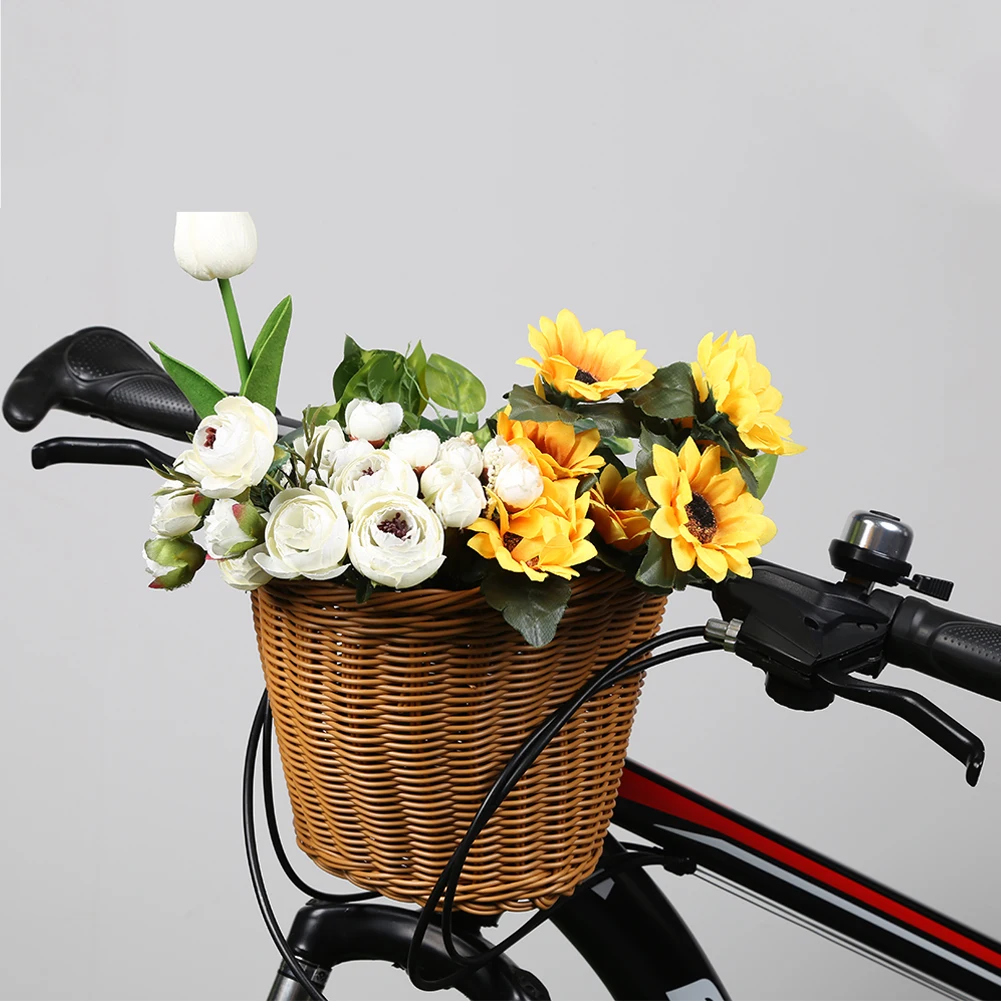 Bicycle Storage Pannier Bell with Leather Straps Hand-Woven Small Bicycle Basket Waterproofing Bicycle Imitation Wicker Basket