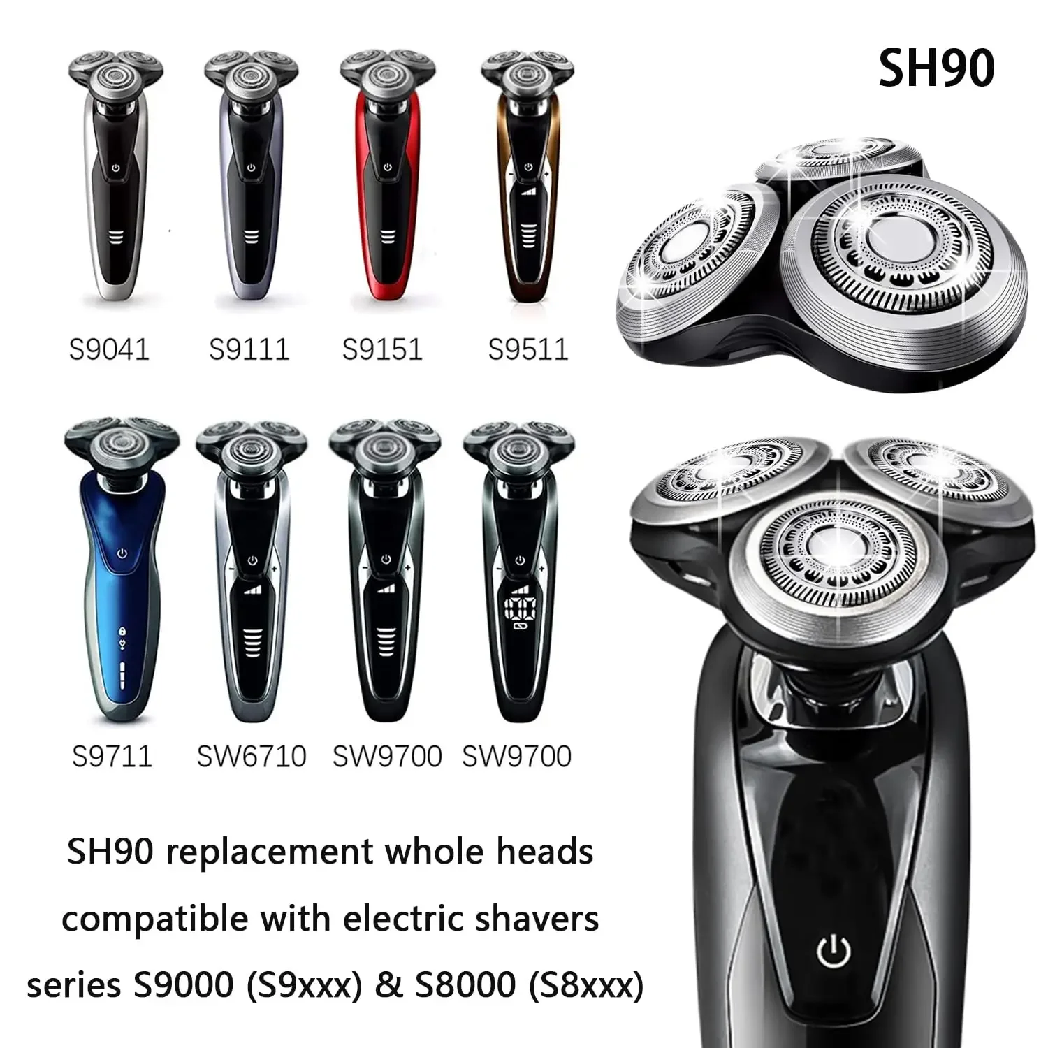 SH90 Replacement Heads for Philips Norelco Series S900/8000,SW97xx, SW67xx S7310 S7370 S9511 S9111 S9031 S5075 S5095 Shaver