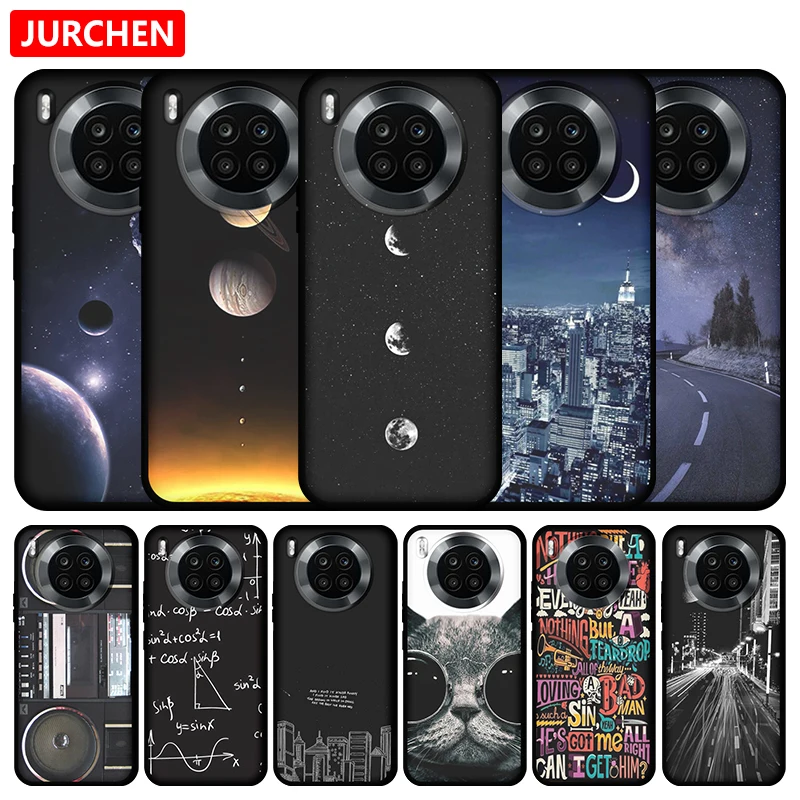 JURCHEN Silicone DIY Phone Case For Huawei Nova 8i TPU Thin Black Cover For Honor 50 Lite Fashion 3D Cute Cat Cartoon Painting