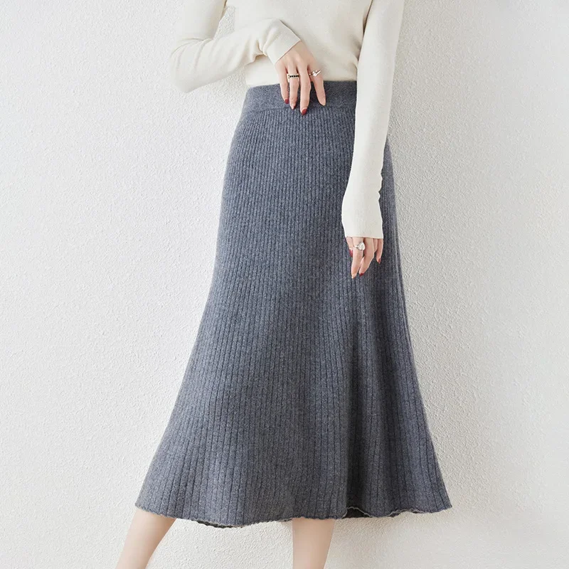 New Arrival Autumn and Winter 100% Wool Knit Skirt Women\'s High Waist Skirt Lady Fashion Soft Quanlity Elastic Knit Skirt Girl