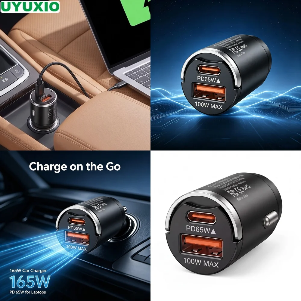 165W Compact Metal Car Charger with PD 65W Type C and 100W USB A Ports for Multiple Mobile Devices Low Profile Zinc Alloy Design