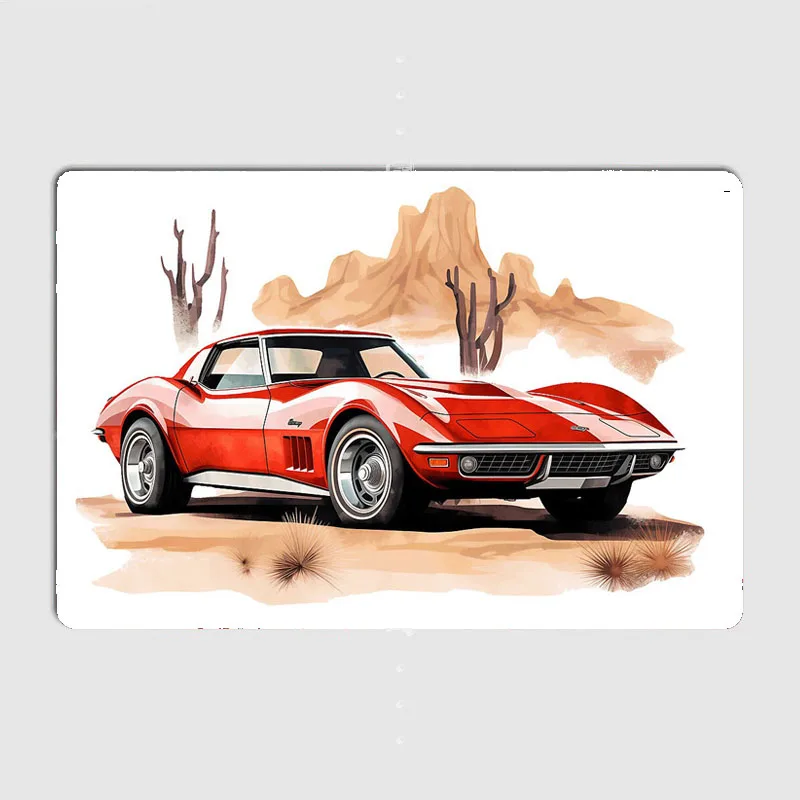 Red C3 Corvette Route 66 Metal Sign Living Plaques Designing Poster Club Home Cave Classic Tin Sign Room Wall Decor
