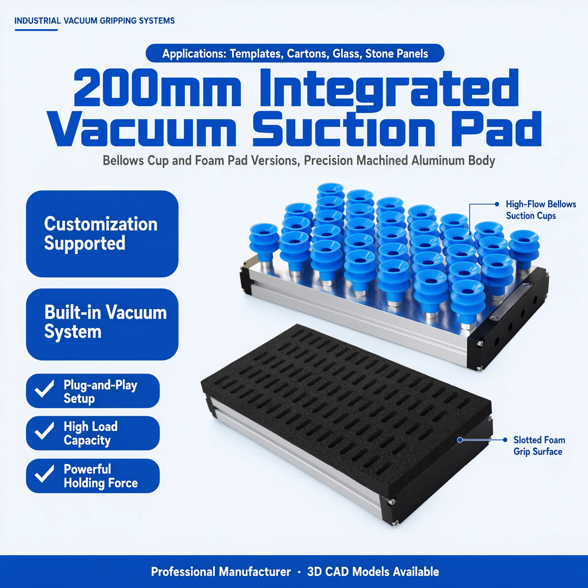 200mm Width Integrated Vacuum Suction Cup Pneumatic Mark-Free Heavy Duty Palletizing Carton Industrial Sponge Matrix Gripper