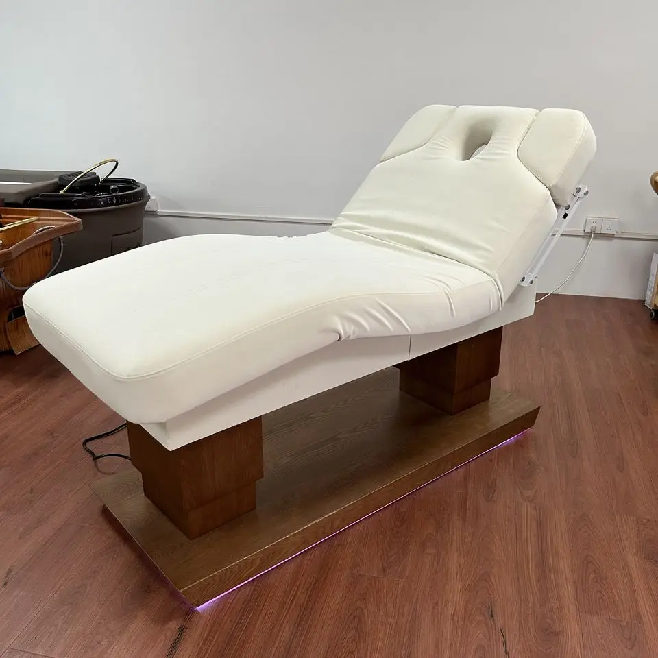 Wood Grain Basdouble Column 4-Motor Electric Beauty Massage Bed With Adjustable Height For Salon Facial And Spa Treatments
