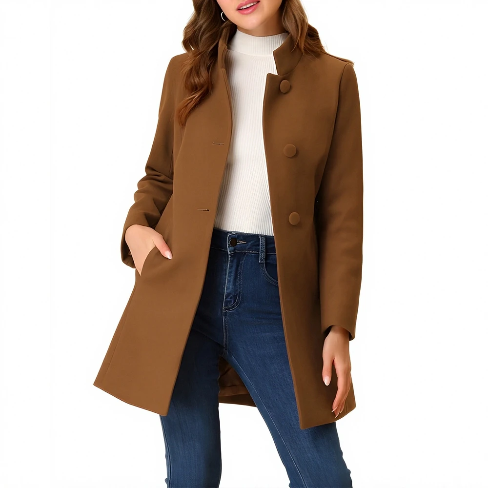 

Autumn Winter 2025 Women's Overcoats Vintage Plain Long Sleeve Stand Collar Single Breasted Office Lady Overcoats